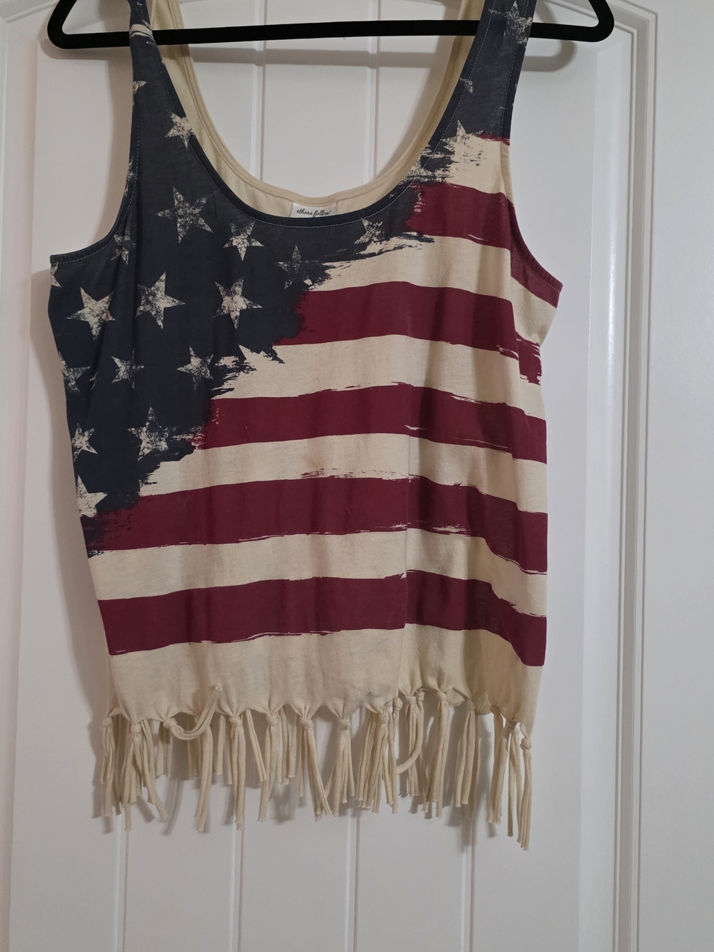 Others Follow Distressed Flag Fringe Tank Top - Red, Blue & Cream
